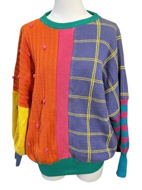 Vintage Early 90s Bonnie Boerer PRET Patchwork Colorblock Knit Sweater Small